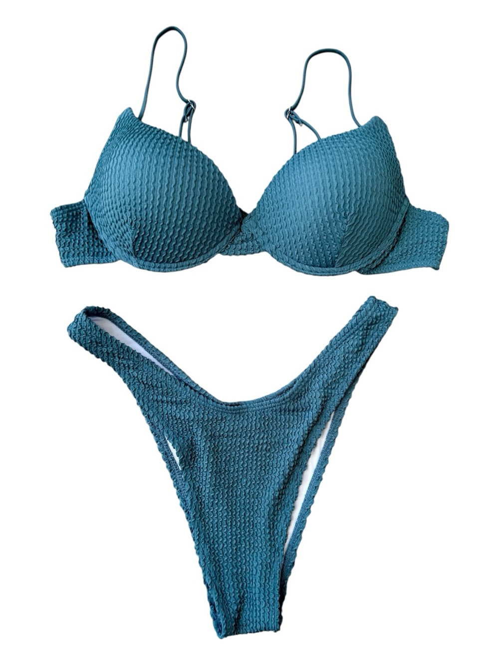 Textured Teal Bikini Set – High Leg Bottoms - Swimwear Size L - NWOT
